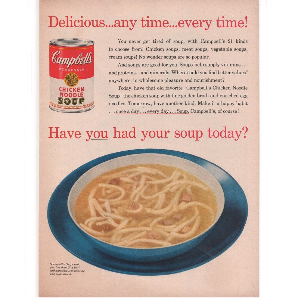 Campbells Chicken Noodle Soup / Green Giant Peas Magazine Advertisement 1958 Vtg